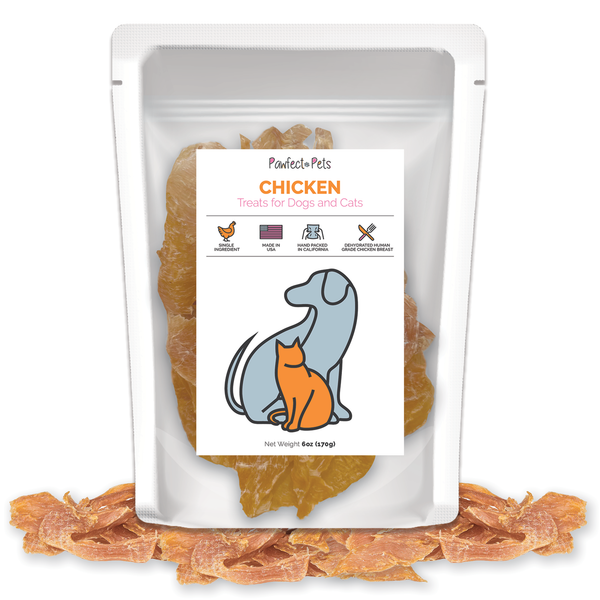 Single Ingredient Dehydrated Chicken Breast Treats for Dogs and Cats, 6oz Bag. USA Made, Human Grade Chicken Breast Jerky Dog Treats and Cat Treats.