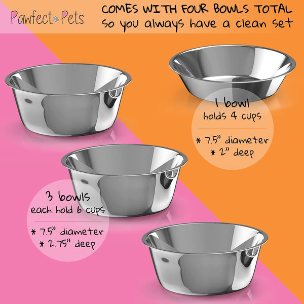 Pawfect Pets Elevated Dog Bowl Stand- 4” Raised Dog Bowl for Small Dogs and Cats. Pet Feeder with Four Stainless Steel Bowls.