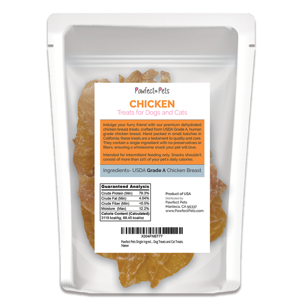 Single Ingredient Dehydrated Chicken Breast Treats for Dogs and Cats, 6oz Bag. USA Made, Human Grade Chicken Breast Jerky Dog Treats and Cat Treats.