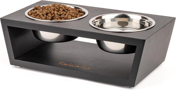 Pawfect Pets Elevated Dog Bowl Stand- 4” Raised Dog Bowl for Small Dogs and Cats. Pet Feeder with Four Stainless Steel Bowls.