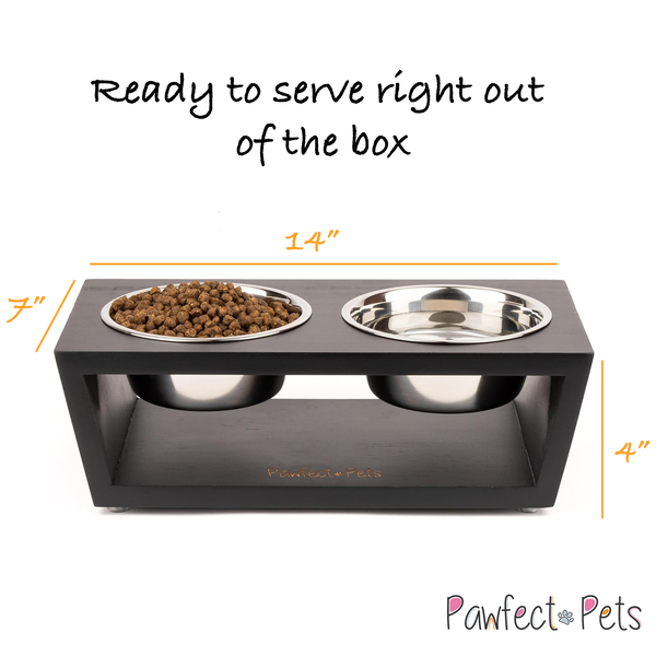 Pawfect Pets Elevated Dog Bowl Stand- 4” Raised Dog Bowl for Small Dogs and Cats. Pet Feeder with Four Stainless Steel Bowls.