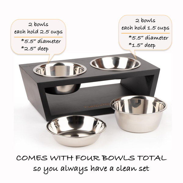 Pawfect Pets Elevated Dog Bowl Stand- 4” Raised Dog Bowl for Small Dogs and Cats. Pet Feeder with Four Stainless Steel Bowls.