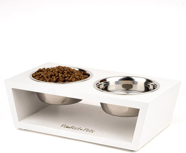 Pawfect Pets Elevated Dog Bowl Stand- 4” Raised Dog Bowl for Small Dogs and Cats. Pet Feeder with Four Stainless Steel Bowls.