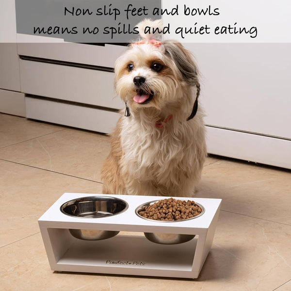 Pawfect Pets Elevated Dog Bowl Stand- 4” Raised Dog Bowl for Small Dogs and Cats. Pet Feeder with Four Stainless Steel Bowls.