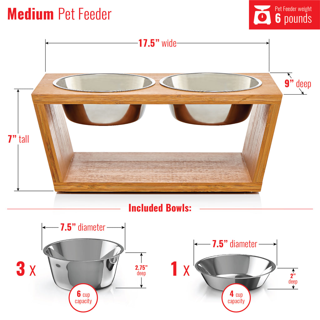 Large 12 Tall Elevated Dog & Pet Feeder- Double Bowl Raised Food & Water Stand- Includes 2 Extra Stainless Steel Bowls, 4 Bowls Total