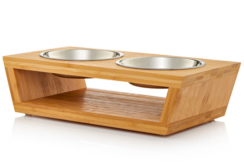 PAWISE Elevated Dog Bowls, Raised Cat Feeder Elevated Food and Water Bowls  Stand with 2 Stainless Steel Bowls and Anti Slip Feet, Wooden Frame Pet  Feeder L-750ml